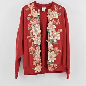 Jerzees Womens Puff Paint Sweatshirt Size XL Grandmacore Red Maglolias‎ Cardigan